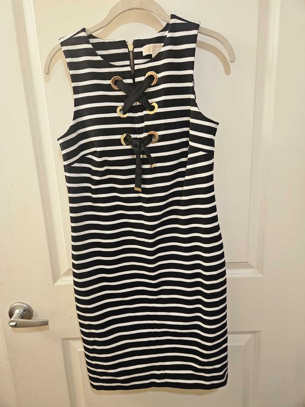 Michael Kors Black and White Striped Lace-Up Midi Dress